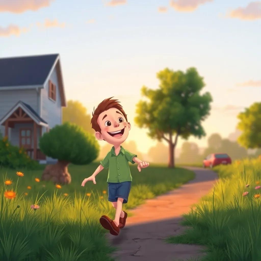 A happy Barry walking home from the picnic, humming a tune, with a bright smile and a feeling of joy in the soft evening light, illustration, peaceful, warm colors, uplifting scene, high quality