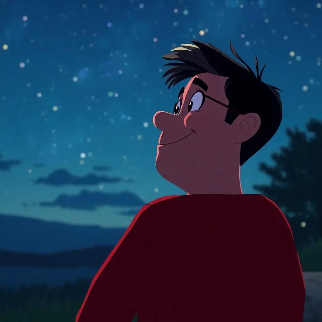 Barry reflecting on the day filled with sharing and laughter, looking content while gazing at the twinkling stars in the night sky, digital art, serene, night sky colors, calming atmosphere, high quality