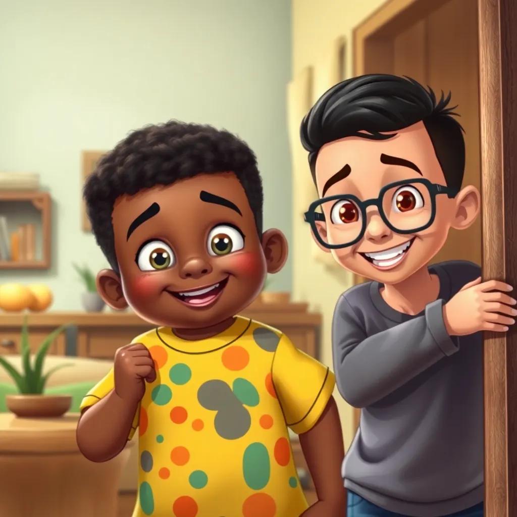 A happy African home with Abdalla, a chubby 7-year-old boy with bright eyes, wearing a colorful t-shirt, playing hide and seek with Mihad, a skinny 6-year-old boy with glasses, wearing a long sleeve, detailed illustration, vibrant colors, joyful atmosphere, high quality