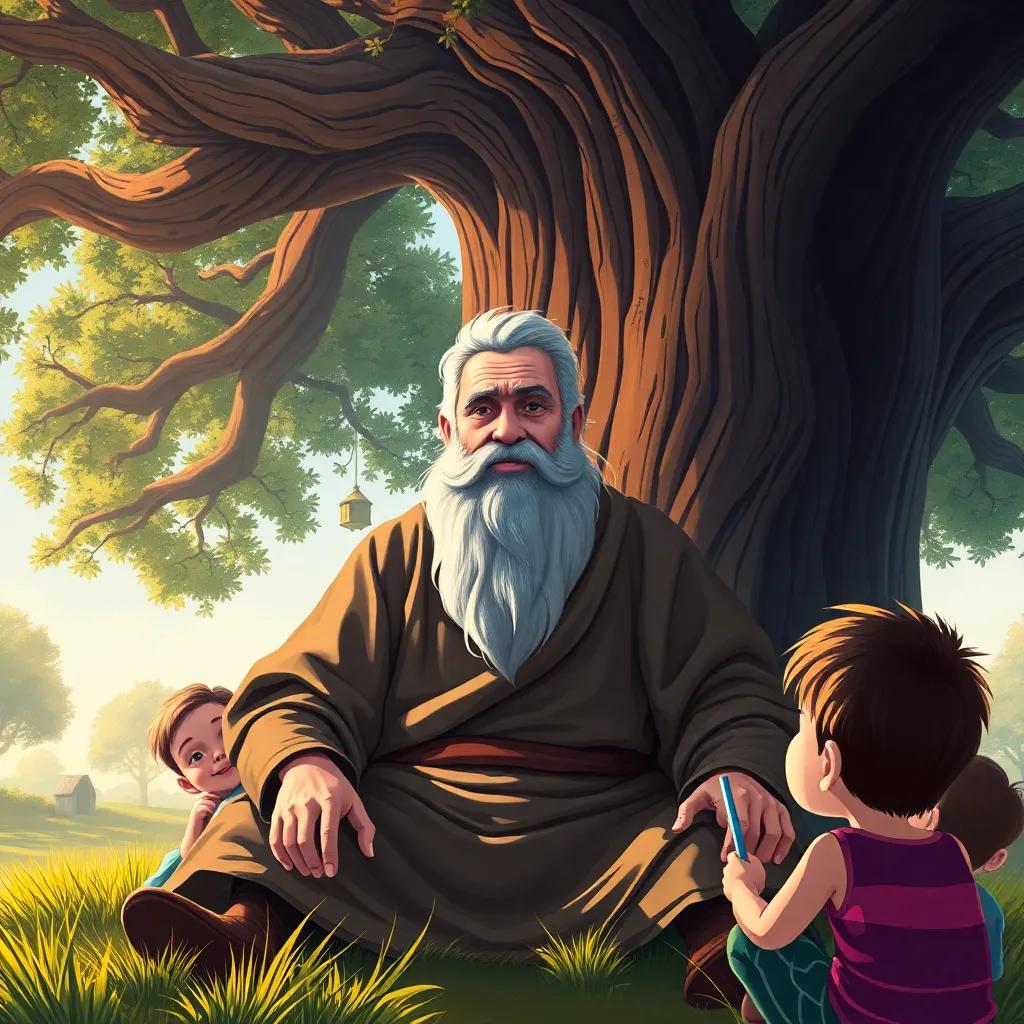 A wise old man, Mr. Timber, with gray hair and a long beard wearing a simple tunic, sitting under a grand oak tree, surrounded by curious children, warm and inviting atmosphere, digital art, bright colors, detailed perspective
