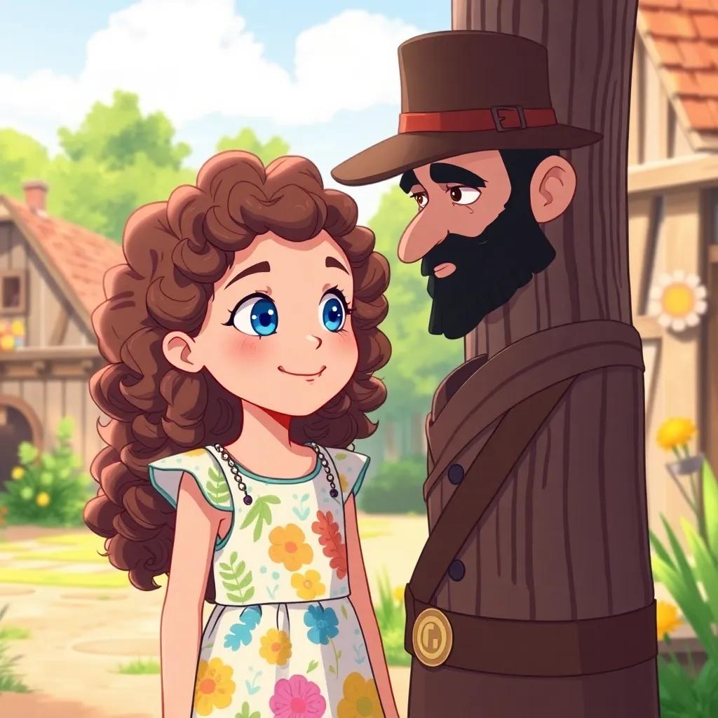 A young girl, Lila, with curly brown hair wearing a colorful dress, asking Mr. Timber about habits, with sparkling blue eyes, sunny day in the village, illustration, cheerful and engaging