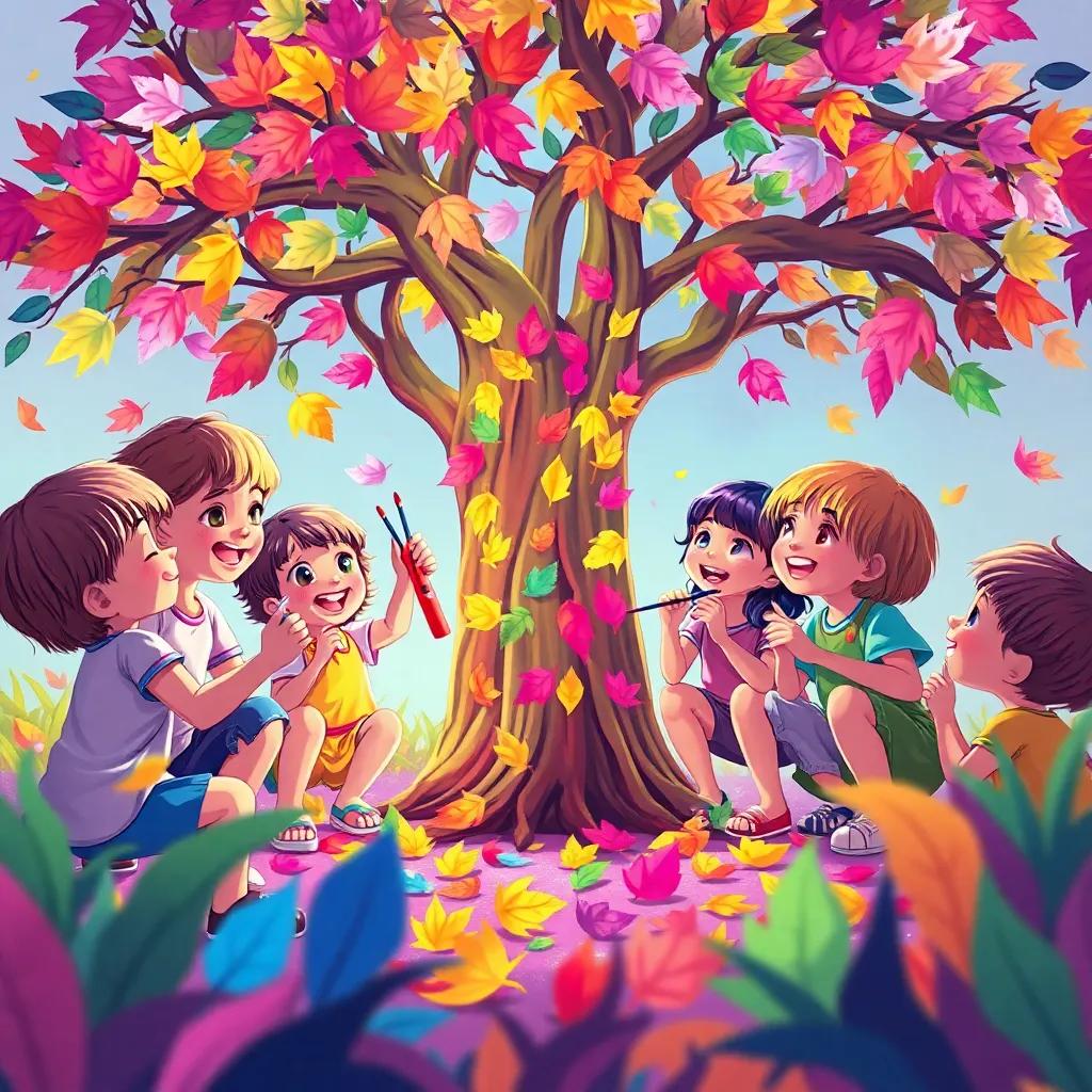 Lila inviting her friends to create a habit tree, colorful paper leaves scattered around, children excitedly painting and laughing, joyful tone, bright and colorful atmosphere, digital painting