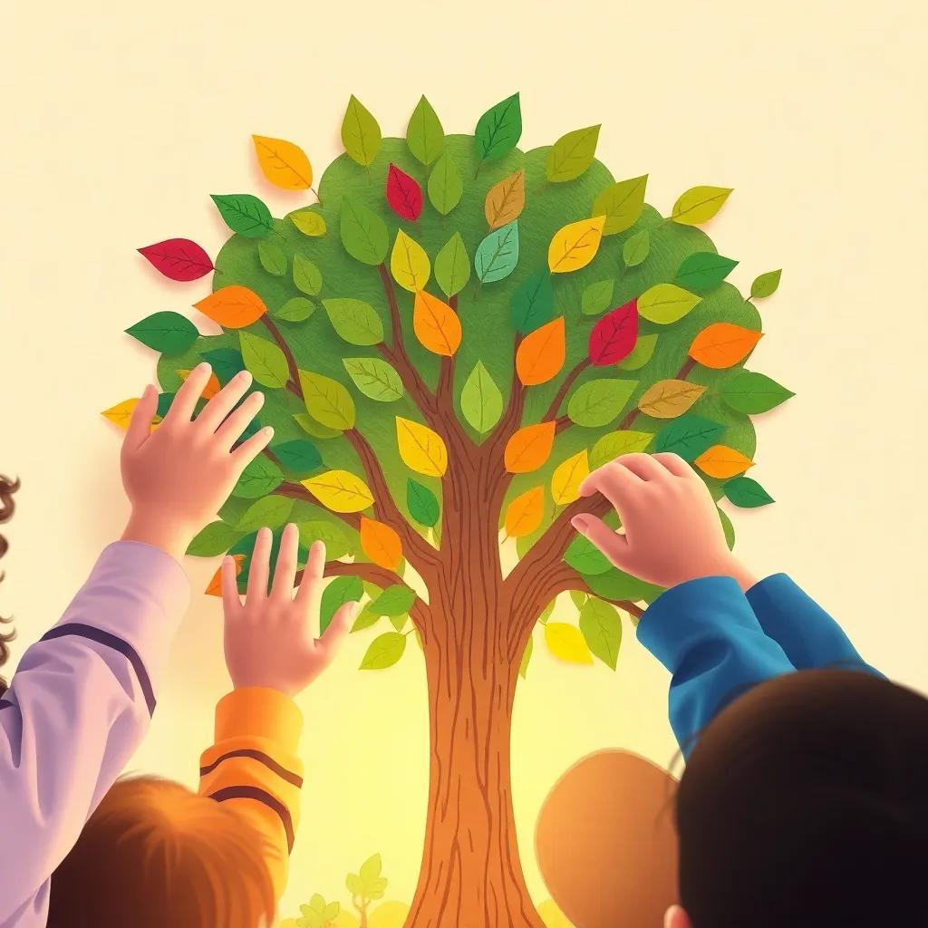 Children’s hands adding leaves to a big paper tree, vibrant drawings symbolizing their chosen habits, with their faces showing excitement, child-friendly illustration, warm light, engaging scene