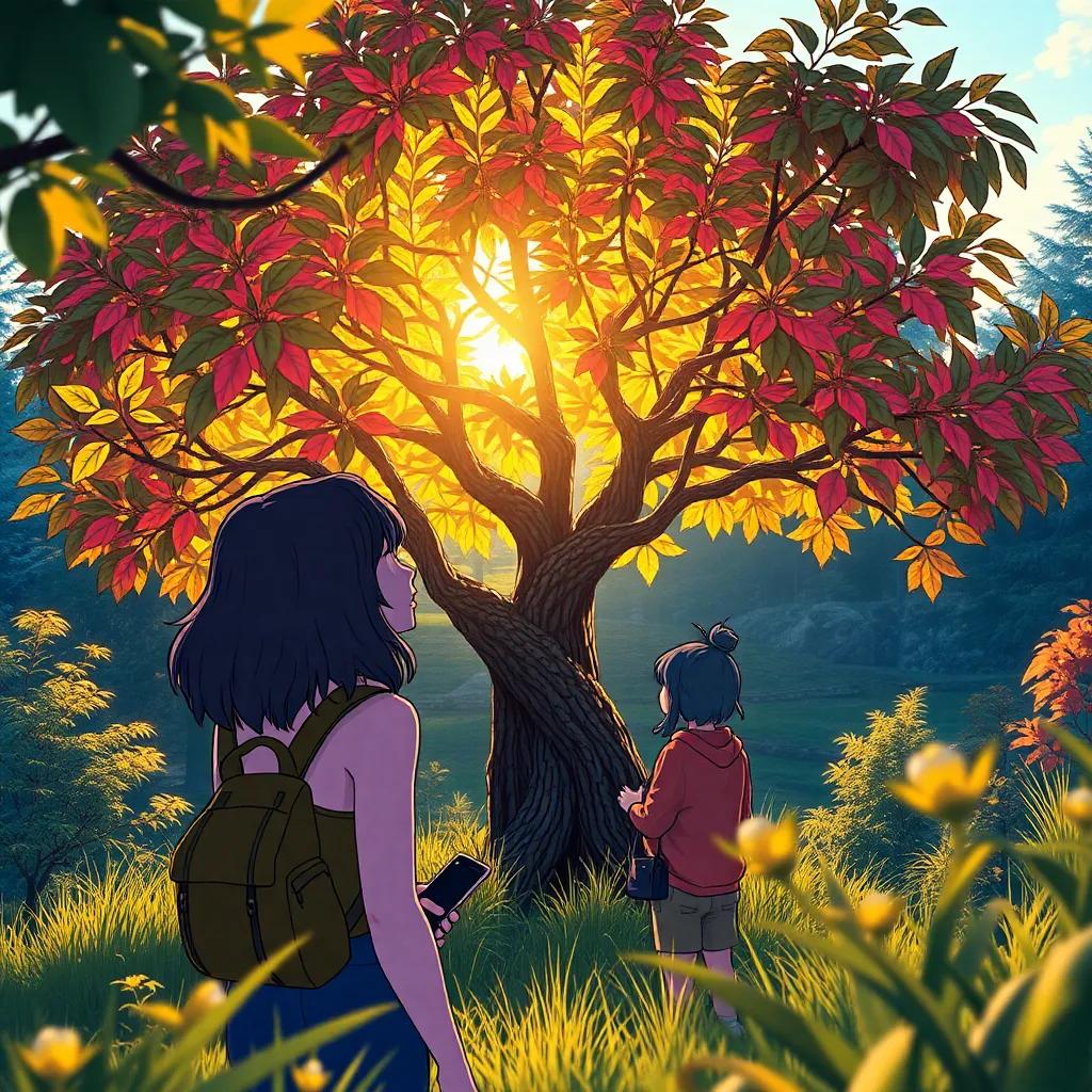 Lila, Max, and Zara admiring their flourishing habit tree, with lush, colorful leaves and the glow of afternoon sun, the tree symbolizing growth and progress, detailed scenery, inviting atmosphere