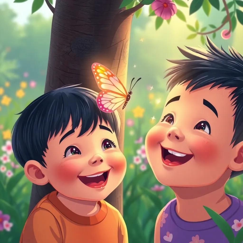 Children's faces beaming with joy while noticing a glittering butterfly on their tree, filled with wonder and excitement, serene garden background, cheerful art style, bright colors