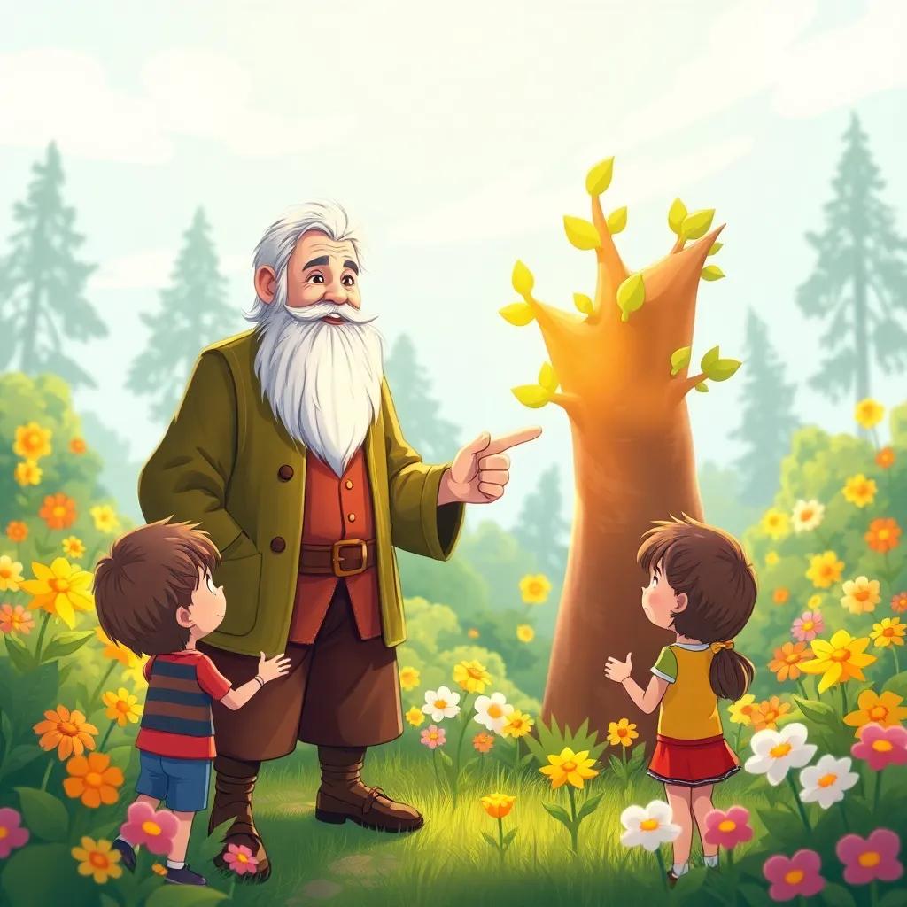 Mr. Timber, the wise old man, smiling at the children and pointing at their habit tree, standing in a vivid garden, surrounded by flowers, friendly illustration, uplifting scene