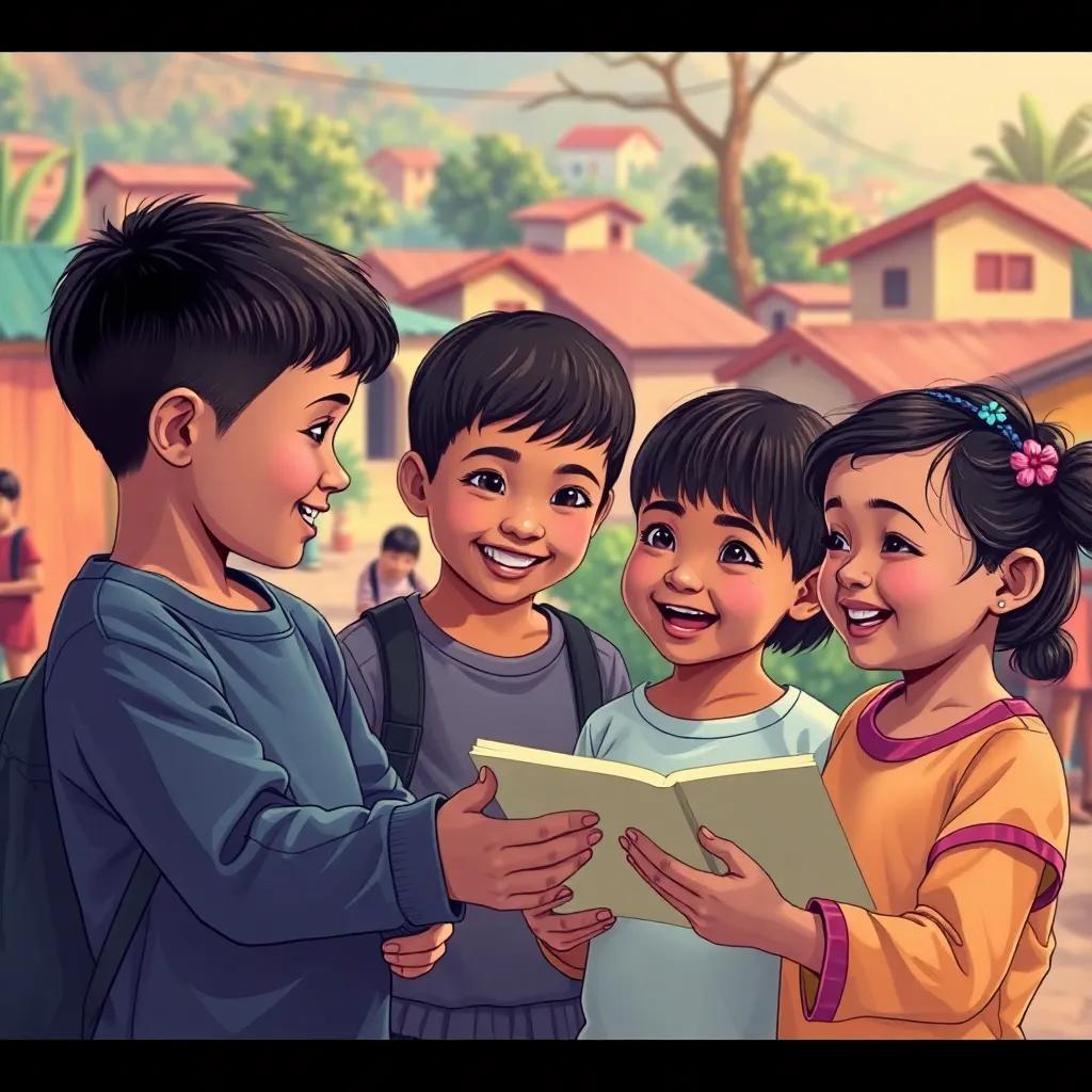 Kids teaching other children about good habits, vibrant village backdrop, sharing their story joyfully, warm colors, community atmosphere, digital art