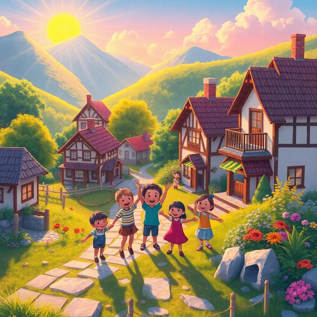 A picturesque village landscape with children happily building their future, representing unity and friendship, sunlit days, colorful environment, child-friendly, imaginative scene