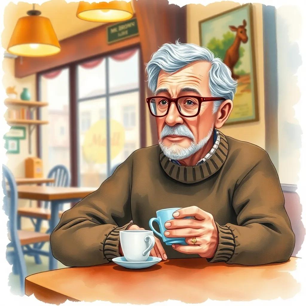 An older man, Mr. Brown, with gray hair and glasses, wearing a cozy sweater, sitting at a café table, quietly holding a cup of tea, warm light, inviting atmosphere, watercolor illustration, child-friendly, heartwarming scene