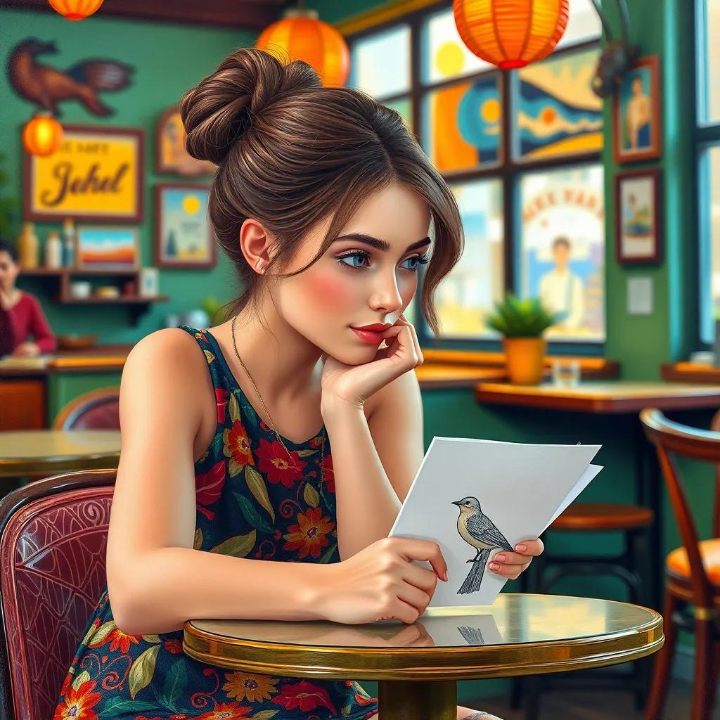 A young woman, Lily, with brown hair in a bun, wearing a colorful dress, sitting at a café table, looking at a small sketch of a bird with a thoughtful expression, cheerful décor, bright colors, whimsical art, engaging perspective, cozy setting