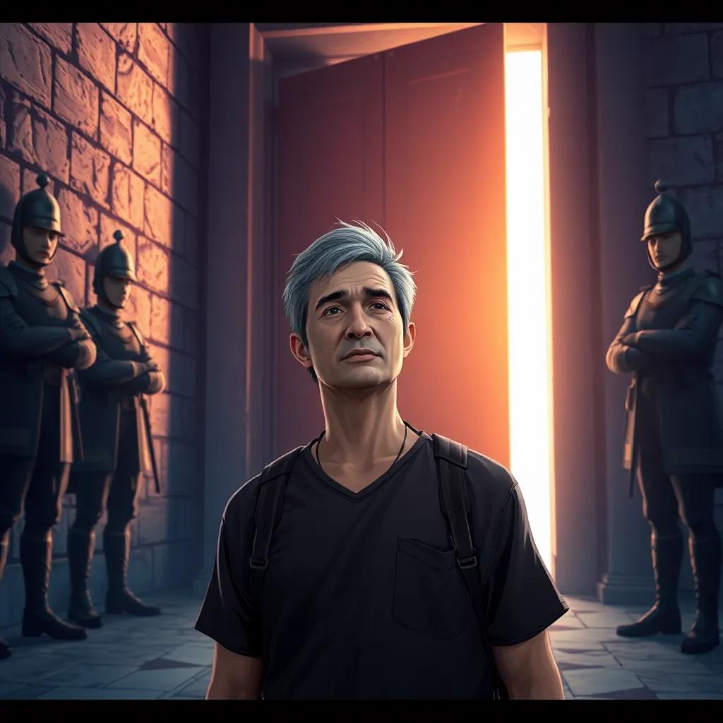 A tall border with high walls and stern guards standing watch, Mr. Memory, a middle-aged man with short hair wearing simple clothes, looking hopeful, warm light shining through the rusted door, hint of mystery, high quality