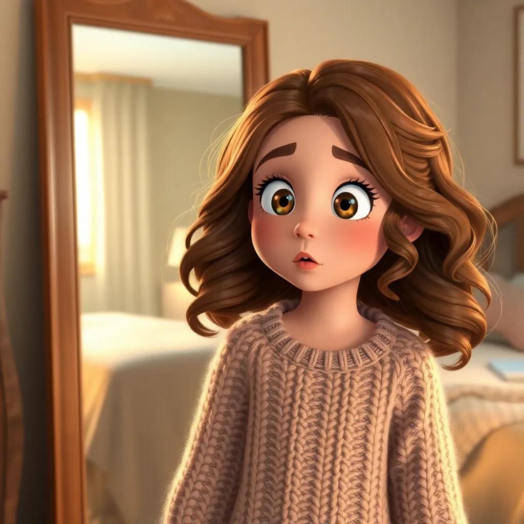 A young girl, Sarah, with wavy brown hair wearing a cozy sweater, standing in front of a large mirror with a surprised expression, the mirror reflecting her still movements, warm light, cozy bedroom atmosphere, digital art, high quality