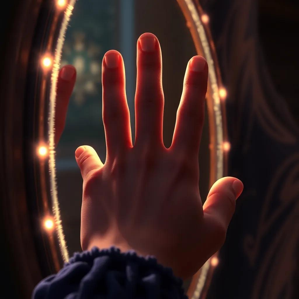 A close-up of Sarah's hand pressed against the mirror, with a faint glow around the edges of the reflection, symbolizing magic, soft light, mysterious ambiance, colorful, storytelling view, fantasy, digital painting