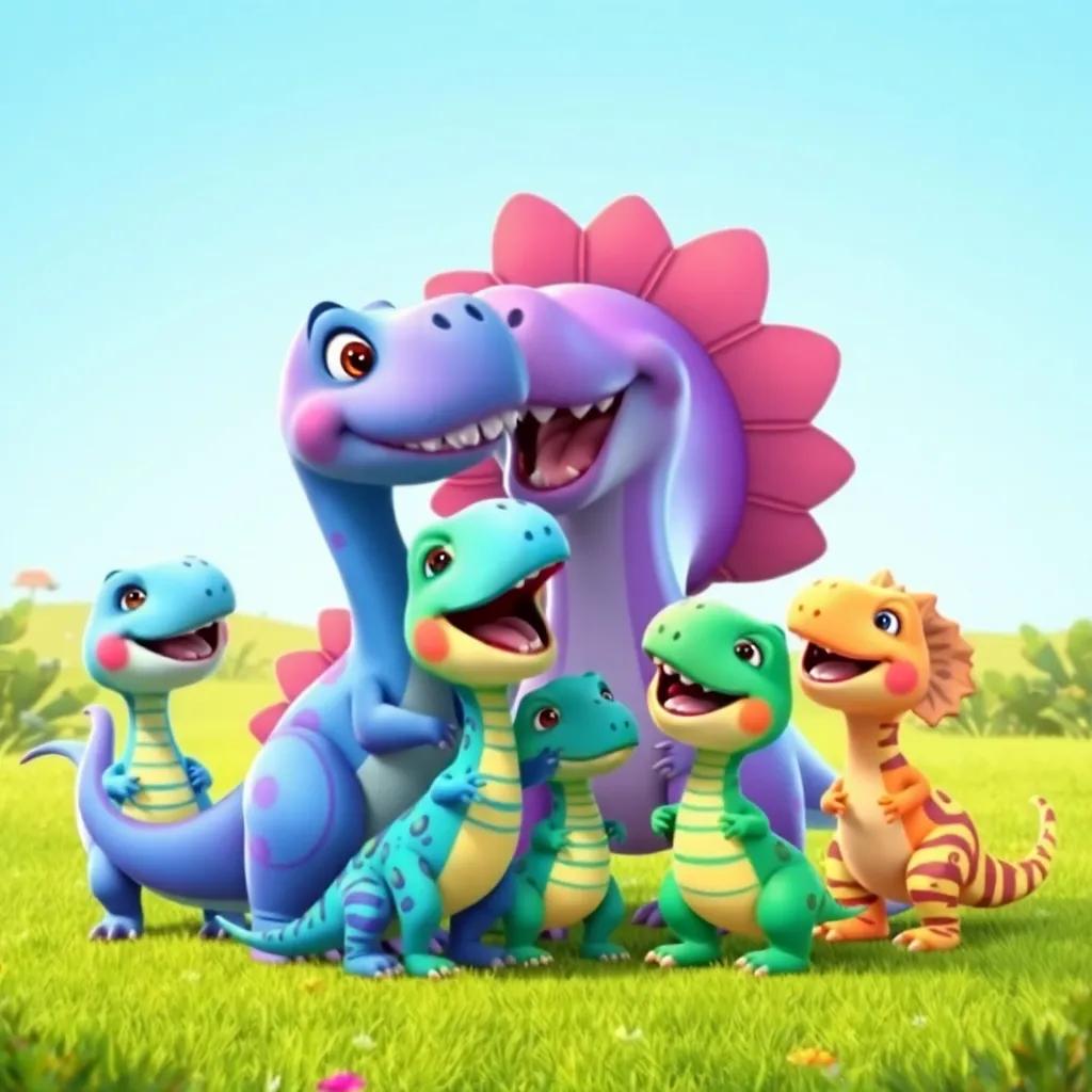 A colorful dinosaur family, including Danny the dad, Daisy the mom, and three little dinos, each with unique spots and stripes, laughing together in a bright, green landscape, cheerful atmosphere, digital art, vibrant colors, family-focused