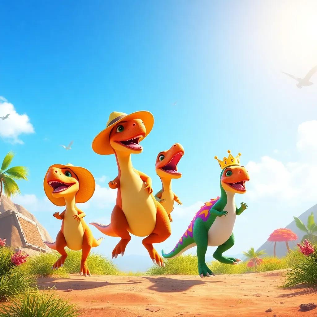 A sunny morning scene with the dinosaur family wearing funny hats like a floppy hat and a funky crown, jumping in excitement and preparing for their adventure in a colorful prehistoric setting, playful, joyful mood, bright sunlight shining