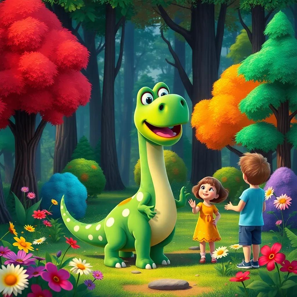 A wacky forest scene with the family meeting Wiggly, a polka-dotted dinosaur, smiling and waving them over, surrounded by colorful trees and flowers, fun and inviting atmosphere, digital painting, lively colors