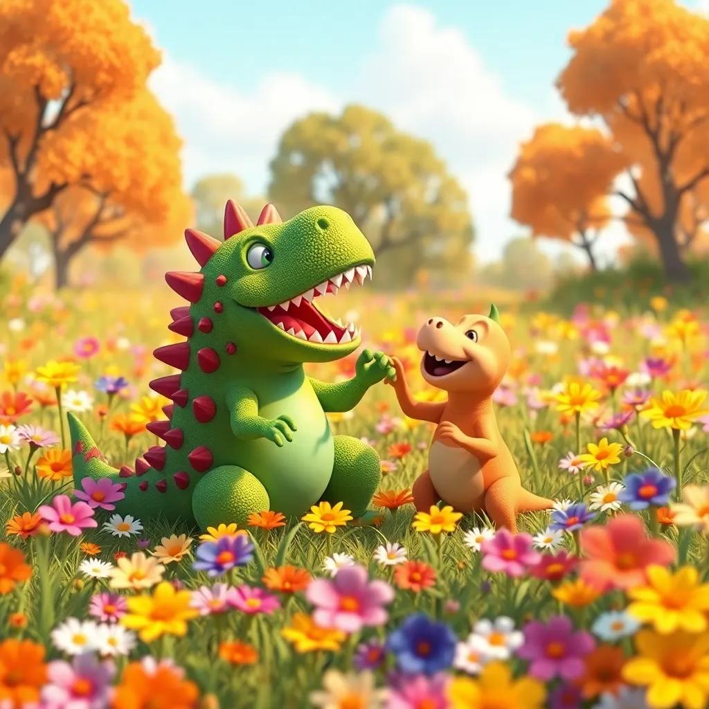 The colorful meadow filled with flowers and Pokey, the Prickly Dinosaur, getting tickled by Doodle as he sneezes and gets free from the bush, everyone laughing together, warm colors in a delightful setting, cheerful atmosphere