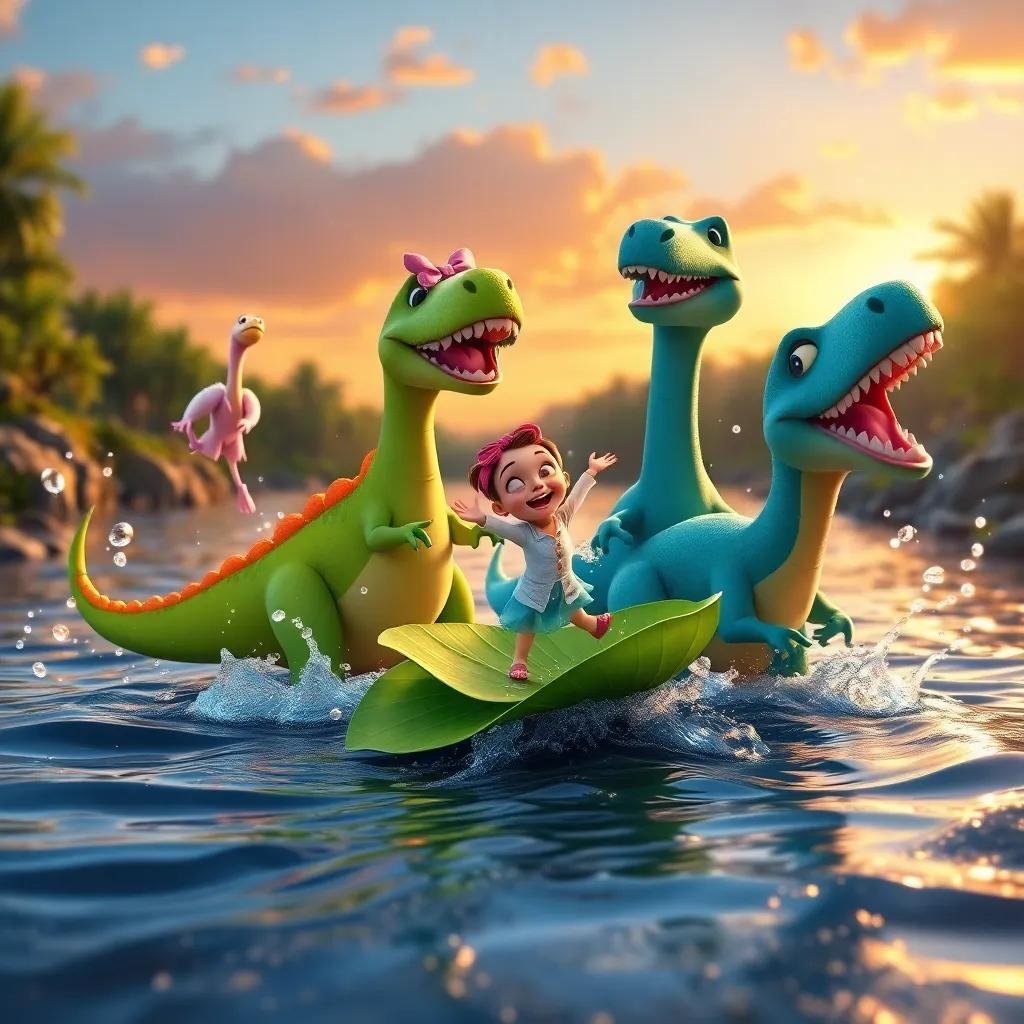 A vibrant river scene where the dino family is splashing water, with Daisy twirling and Danny floating on a leaf, joyful splashes and laughs around, glistening water under the sunset sky, colorful and lively