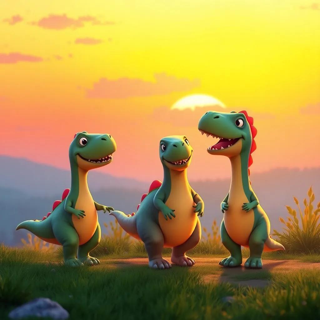 A sunset background with the Silly Dinosaur Family walking home happily, chatting and reminiscing their day together, warm colors of the setting sun creating a magical atmosphere, family connection depicted through smiles