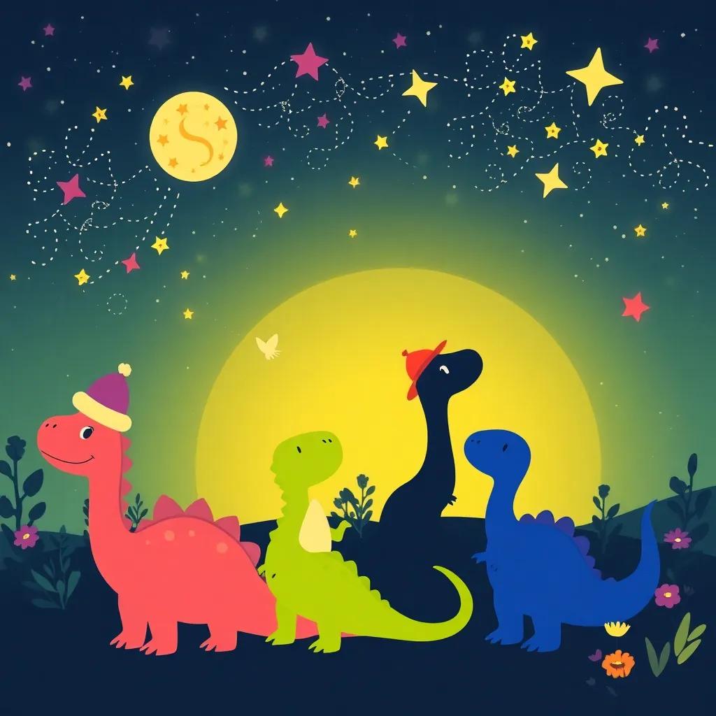 The Silly Dinosaur Family dreaming of their next adventure, illustrated as colorful silhouettes with fun dream elements like hats, flowers, and stars, whimsical and enchanting, magical atmosphere.
