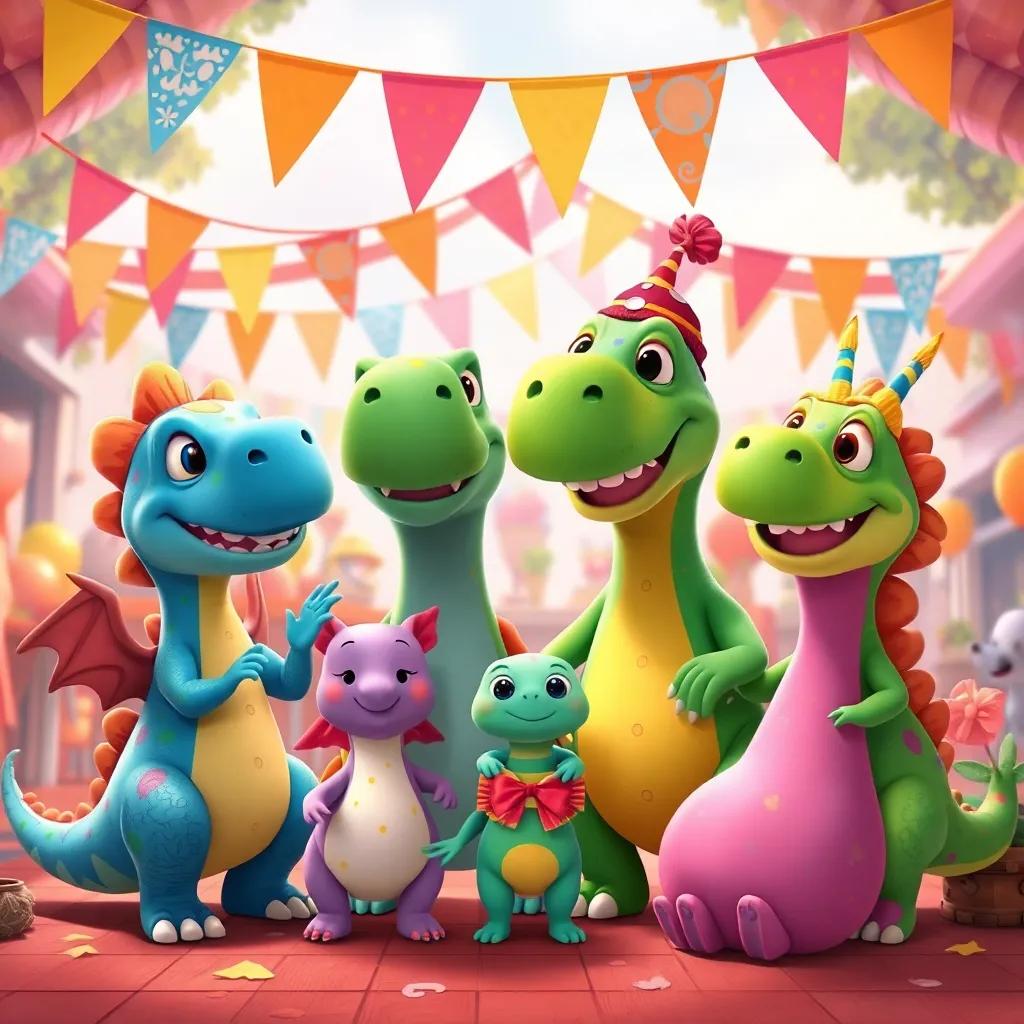 A beautiful scene depicting the Silly Dinosaur Family with Wiggly and Pokey, all celebrating their differences in a cheerful gathering, colorful banners and decorations around, joyful and inclusive atmosphere