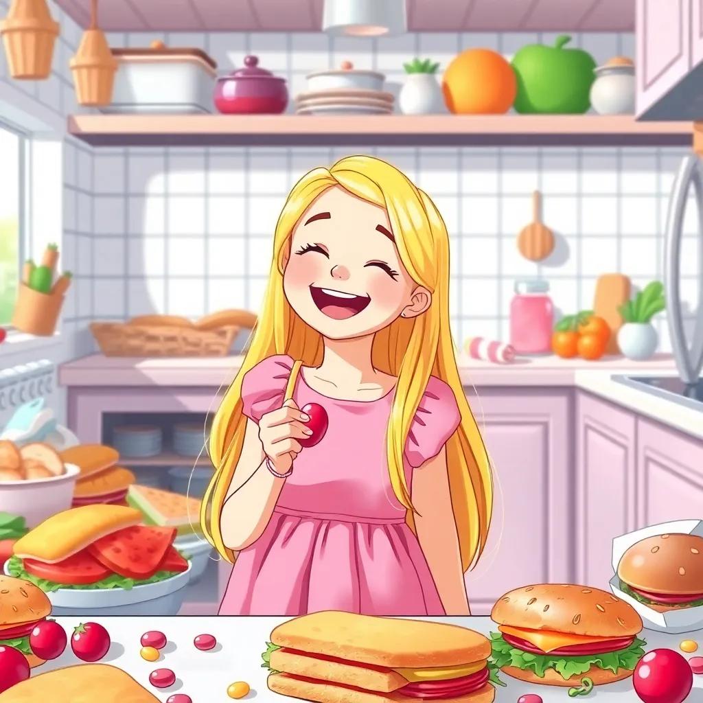 A young girl, Sally, with long blonde hair, wearing a pink dress, laughing and holding a jelly bean in a bright kitchen covered in sandwich ingredients, joyful expression, colorful, detailed illustration, charming scene.
