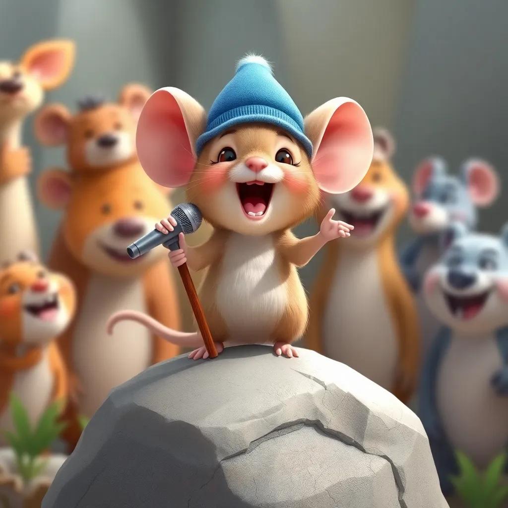 A small mouse wearing a tiny blue hat, holding a stick as a microphone, standing on a rock singing happily, surrounded by laughing animals, digital art, cute and funny, cheerful character illustration