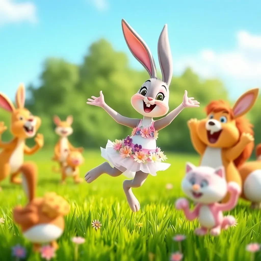 A bunny in a flowery dress, hopping and dancing with joy, bright green grass beneath her, joyful animals joining in her dance, playful and energetic vibe, cartoon style, bright and cheerful colors
