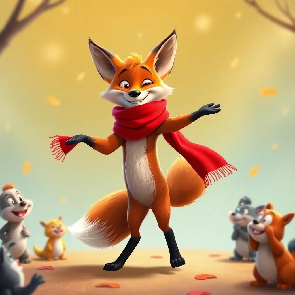 A fox twirling around in a bright red scarf, with a goofy expression while dancing, other animals watching in amazed delight, whimsical scene, energetic colors, animated and fun