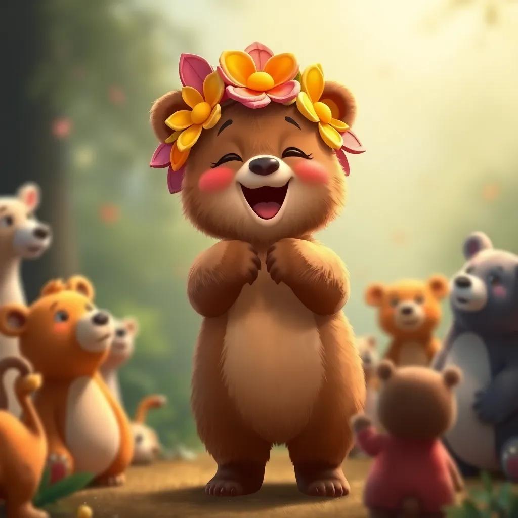 A bear with a colorful flower hat, singing a slow and happy song, standing on her hind legs in a friendly manner, surrounding animals swaying, warm and fuzzy atmosphere, charming style, adorable and lively