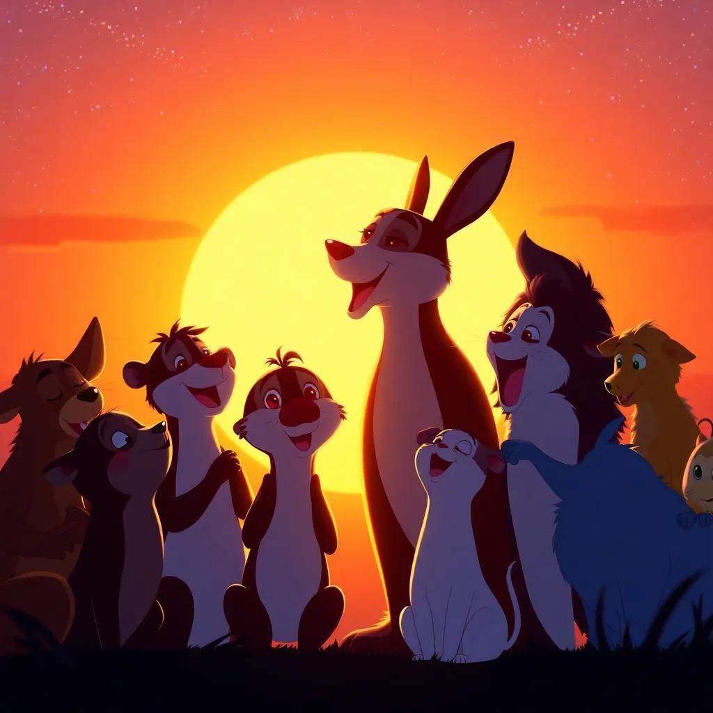 A group of animals singing together, silhouetted against a setting sun, joyful expressions, togetherness radiating from them, magical background with twinkling stars, heartwarming vibes