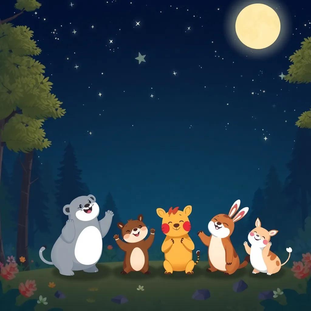 The animals doing a silly bow under the starry sky, filled with laughter and joy, the forest lit up by moonlight, enchanting scene, cheerful and playful illustration, whimsical and cute