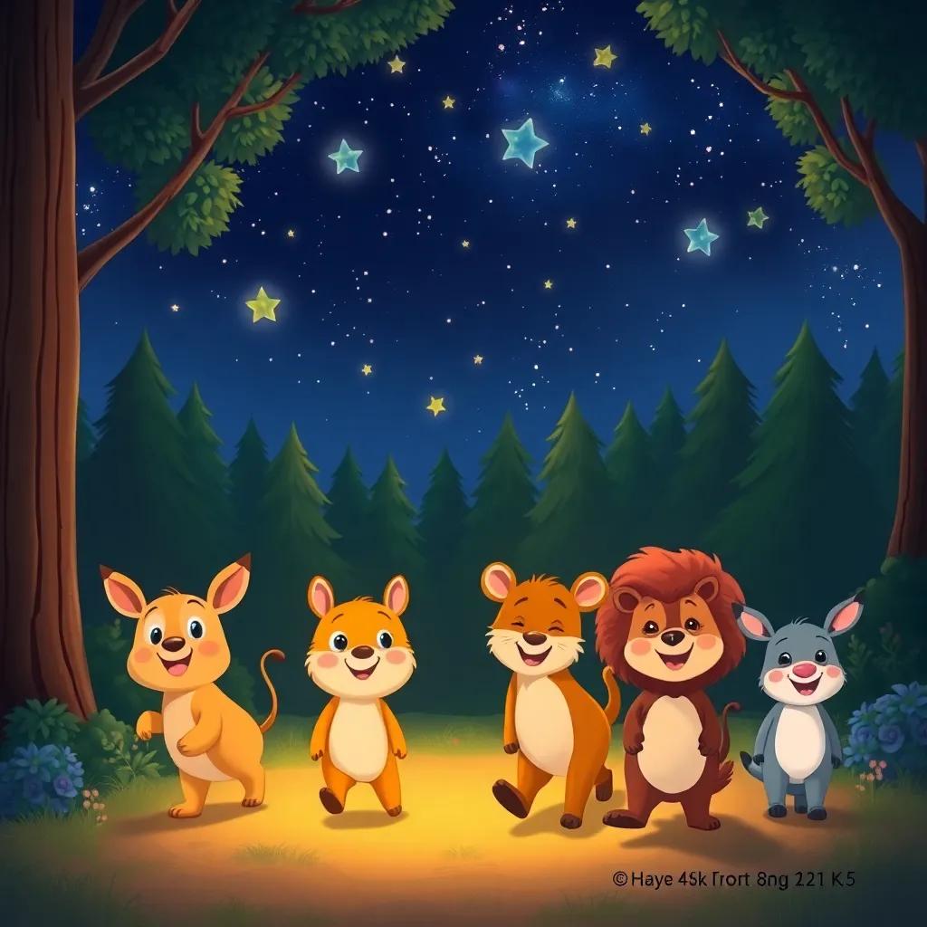 A night scene with shimmering stars above the forest, animals walking home happily, each with a smile on their face, warm and inviting, cartoonish style, lively and bright
