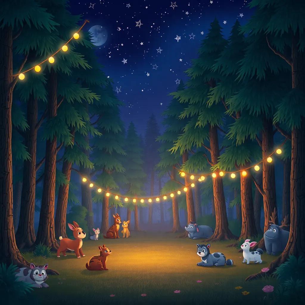 A cozy forest as the night falls, with gentle colors and twinkling lights, animals settling down to sleep after the concert, peaceful and serene atmosphere, enchanting scene with a touch of magic