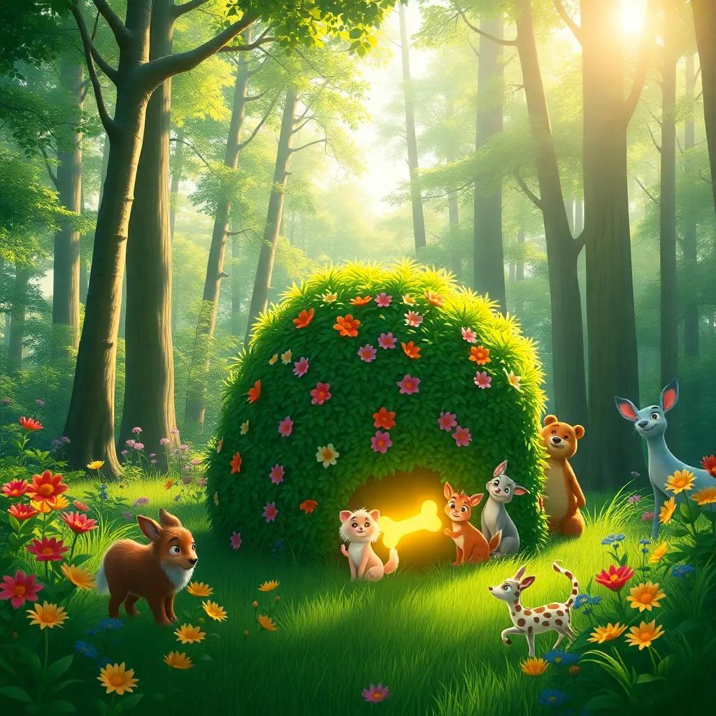 A vivid green forest with tall trees and colorful flowers, animals gathered around in excitement, a magical singing bone glowing beneath a bush, bright sunny day, cheerful atmosphere, whimsical style, digital art, high quality