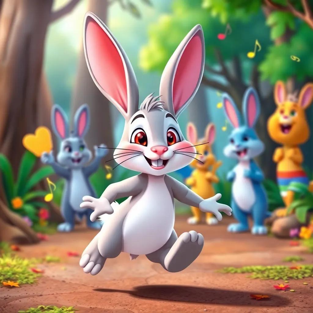 A brave rabbit, Benny, hopping forward with a smile, his friends cheering in the background, colorful forest setting with singing notes around, playful scene, cartoon illustration, vibrant colors