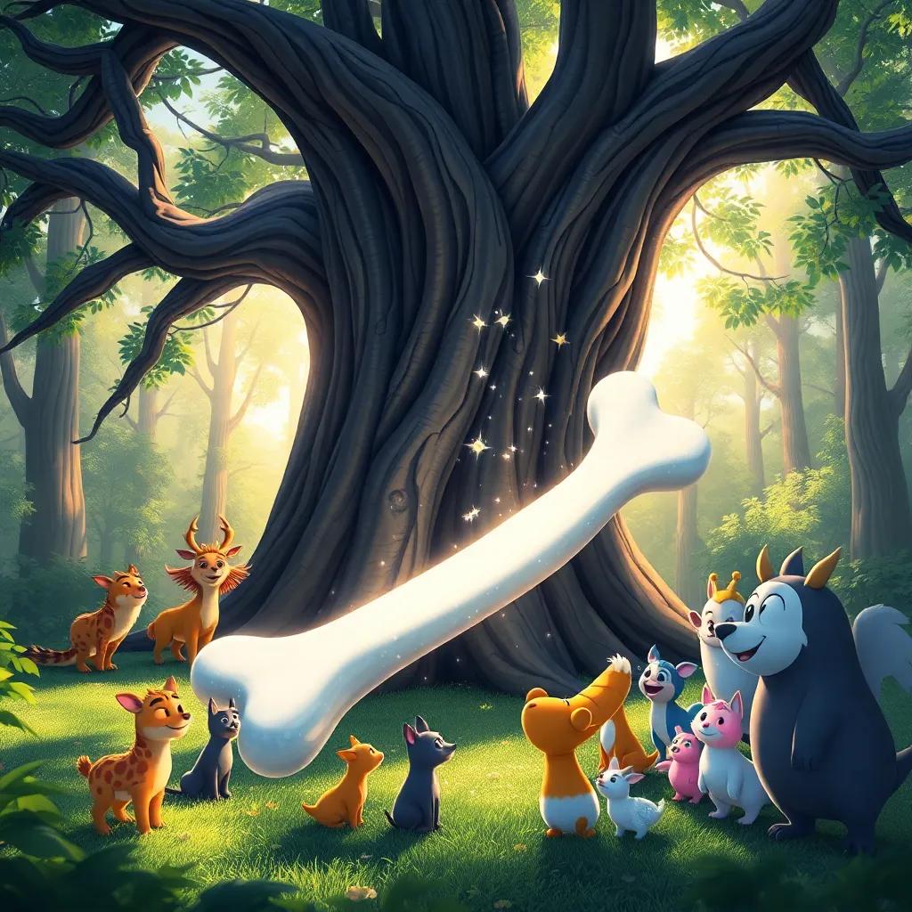 A shiny white bone beneath a big old tree, shimmering sparkles in the sunlight, curious animals gathered around, amazed expressions, magical forest, bright colors, child-friendly art