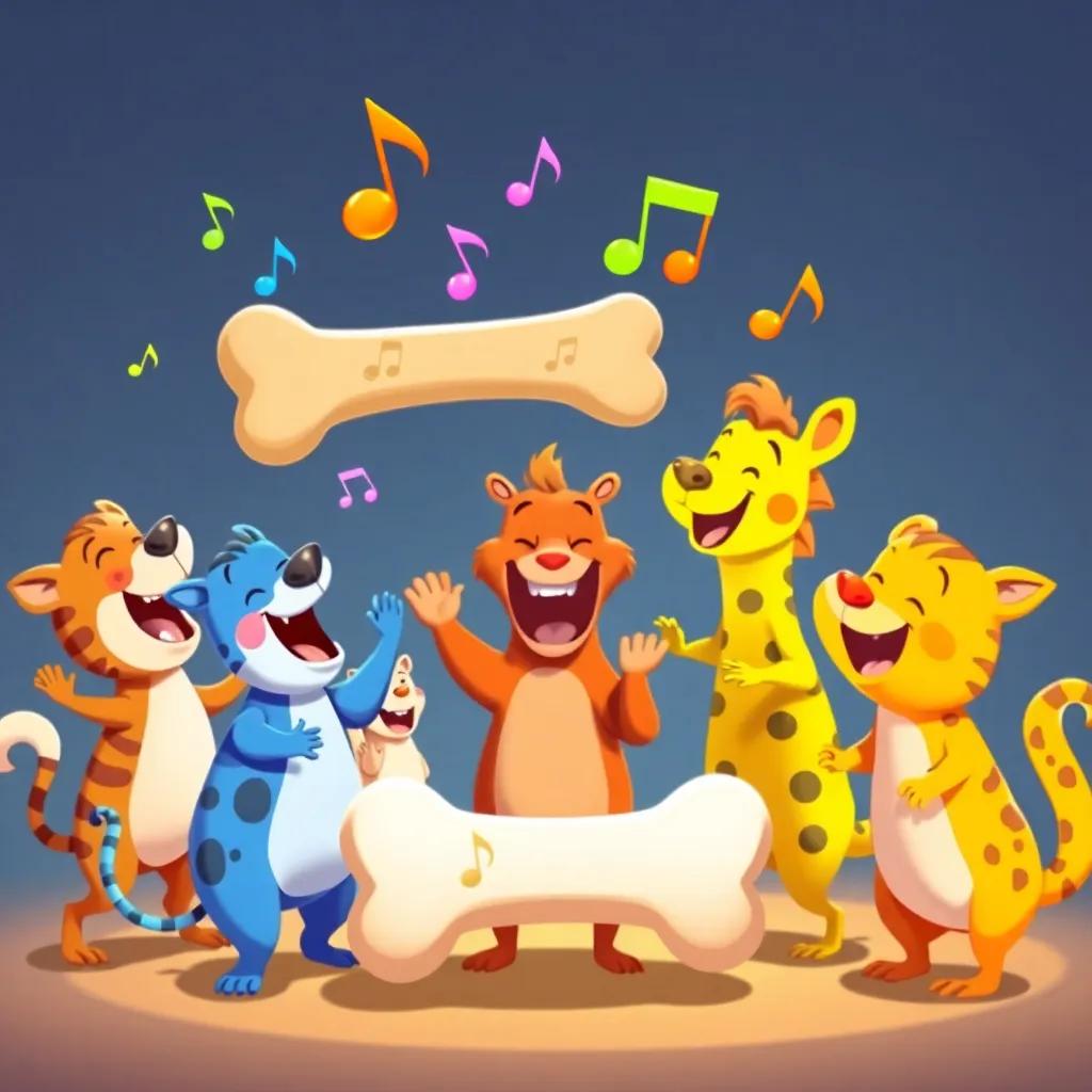 Animals dancing and laughing around the singing bone, colorful notes floating in the air, each animal showing joy, bright and cheerful colors, fun illustration, lively atmosphere