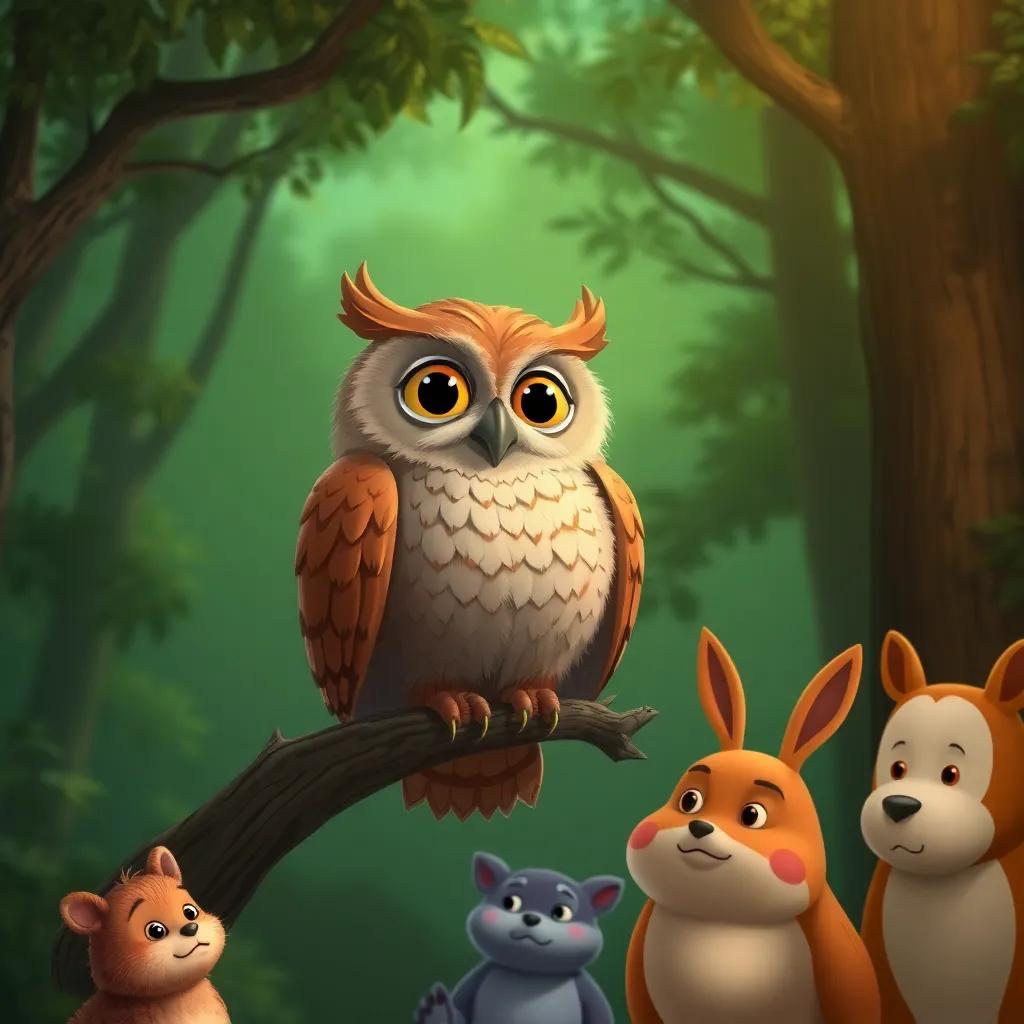 A wise old owl perched on a branch, giving advice to forest animals, deep green forest background, thoughtful expressions on animal faces, whimsical style, warm light