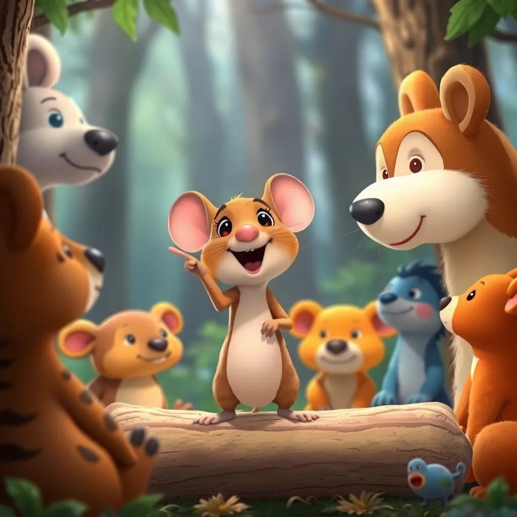 A tiny mouse named Squeaky pointing in excitement, animals listening intently, soft lullaby flowing from the bone, cozy forest feel, colorful and inviting, high-quality illustration