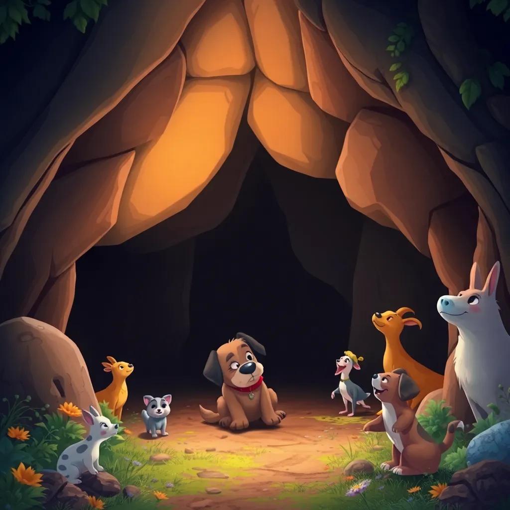 A small cave entrance where Max the dog sits sadly, gentle light inside, animals approaching with excitement, colorful forest elements surrounding the cave, magical setting, heartwarming illustration
