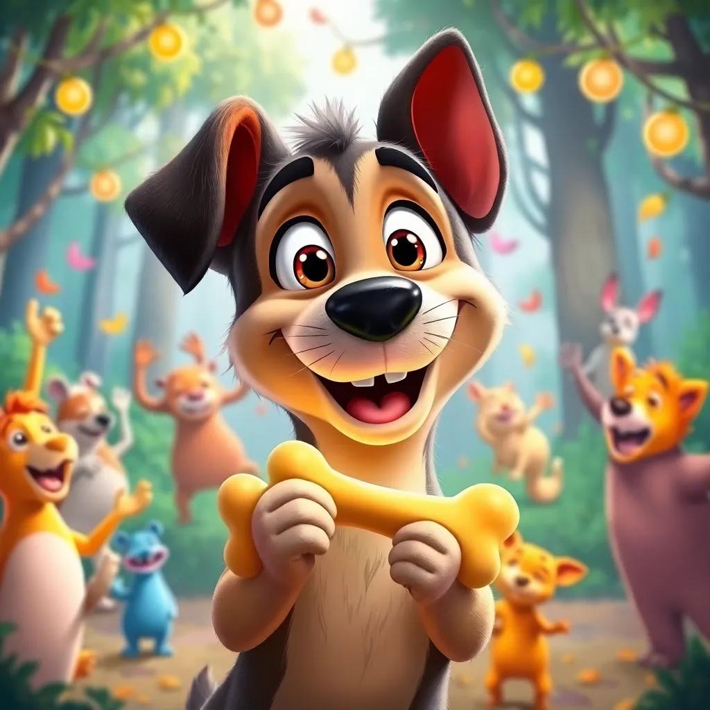 Max the dog, eyes bright with joy, holding the magical bone, surrounded by happy animals dancing, colorful forest celebration, uplifting scene, friendly design