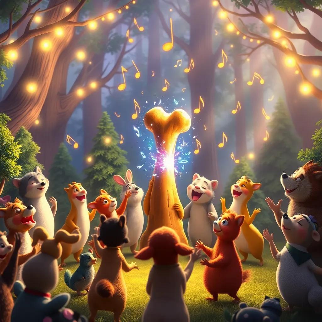 A magical singing bone in the center of a joyful gathering, animals dancing and singing, bright notes in the air, enchanting forest backdrop, joyful atmosphere, delightful art
