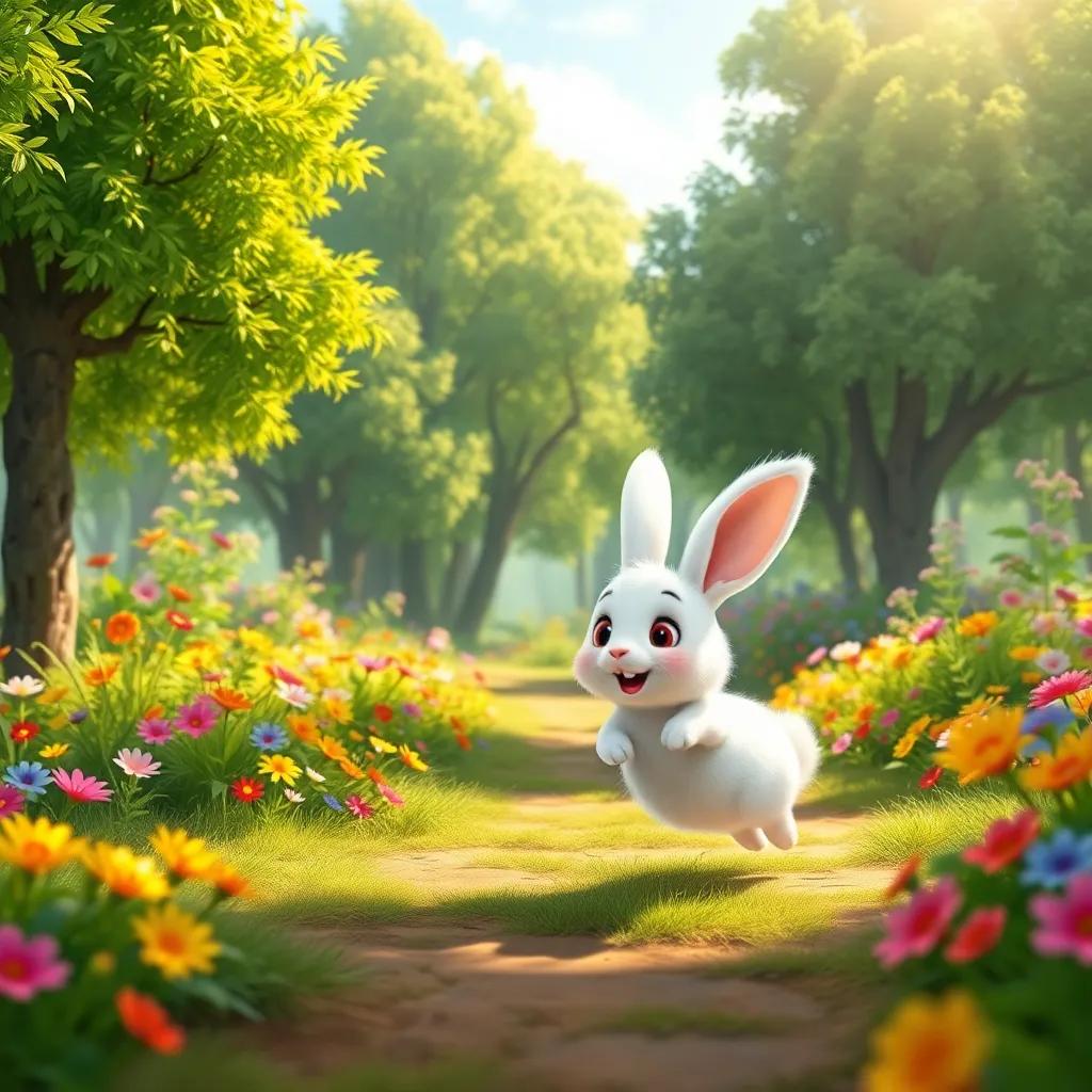 A sunny forest with lush green trees and colorful flowers, a little rabbit named Benny, with fluffy white fur and big ears, hopping happily, digital art, bright colors, cheerful atmosphere, high quality