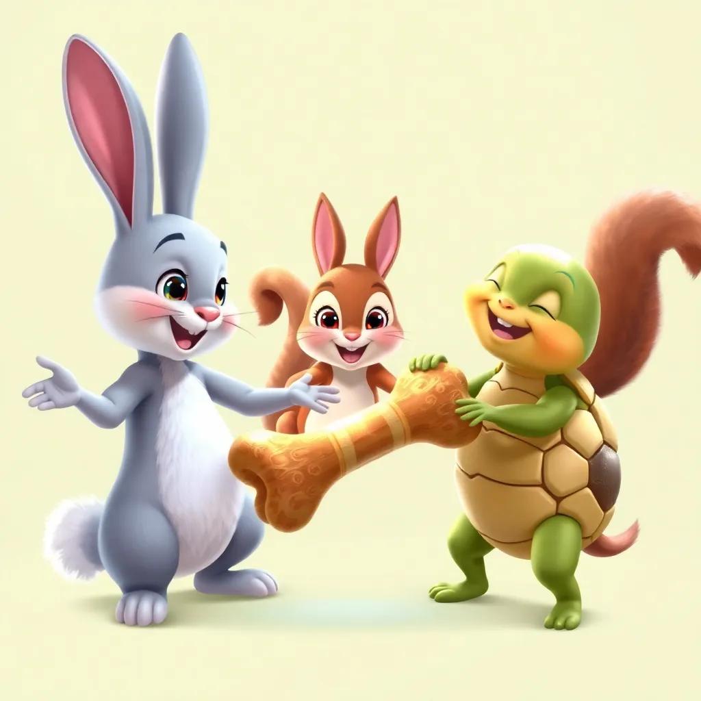 Benny the rabbit showing his friends, Lucy the squirrel with fluffy tail and bright eyes, and Timmy the turtle with a shiny shell, laughing and dancing around a shiny bone, engaging illustration, joyful expressions, vibrant, inviting