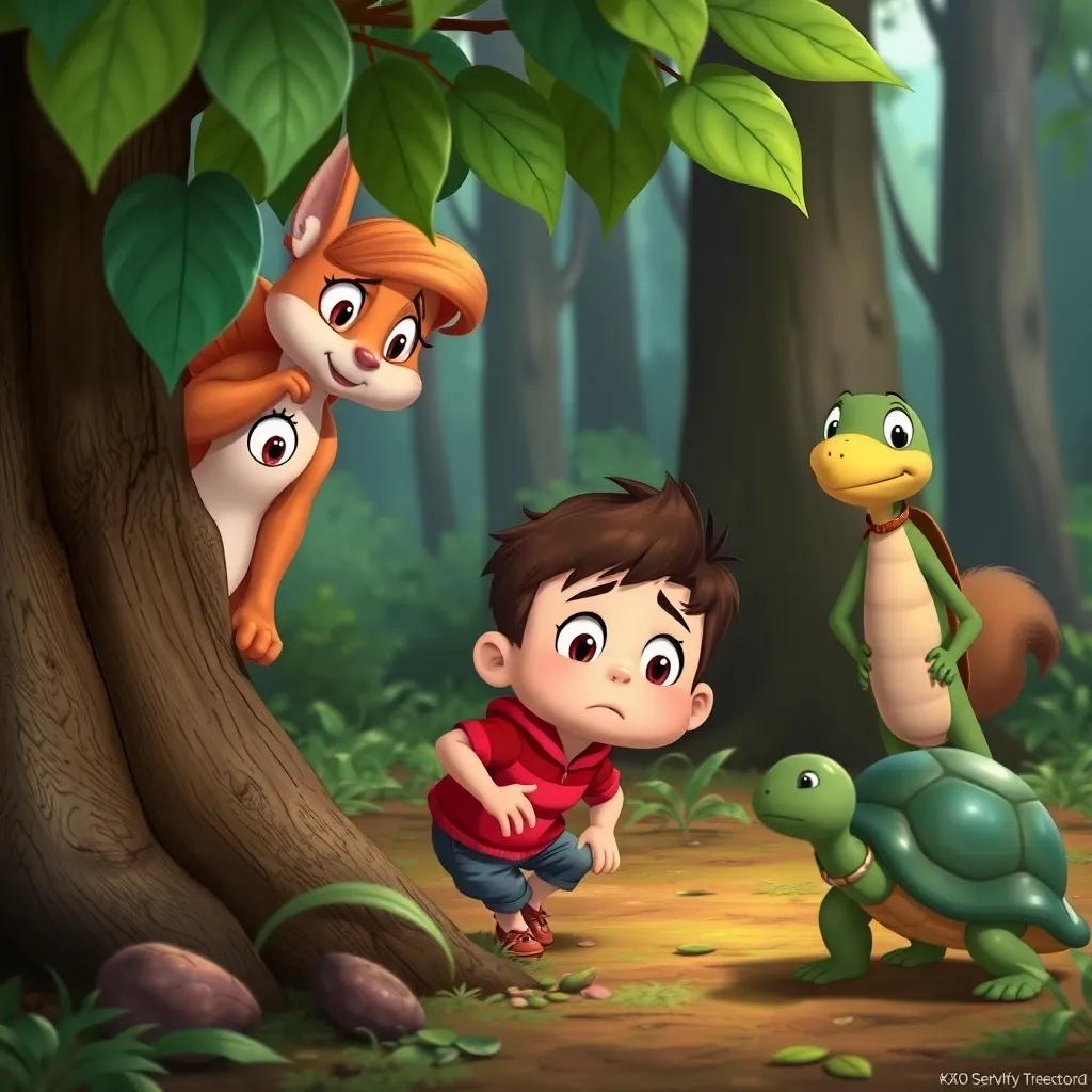 Benny searching behind bushes and under leaves, looking worried, while Lucy the squirrel helps him and Timmy the turtle looks around, forest background, lively colors, engaging characters, child-friendly