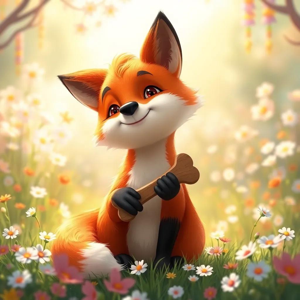 A curious fox with orange fur, sitting in a flower-filled clearing, holding the singing bone, surrounded by sunshine and flowers, magical feeling, detailed digital art, soft light, cheerful scene