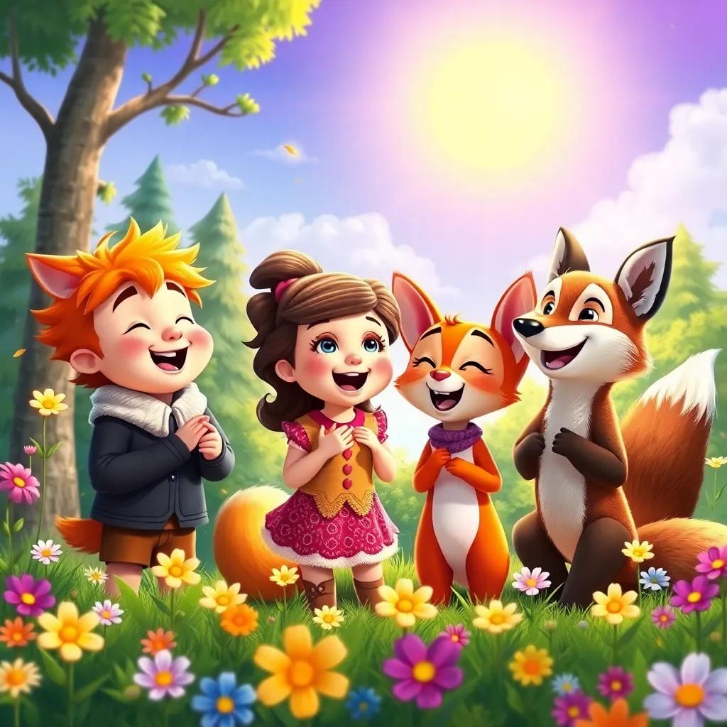 The forest friends singing together happily, Benny, Lucy, Timmy, and the fox, with smiles, harmonizing under the sunny sky, colorful flowers around, heartwarming, vibrant, joyous ensemble, high quality