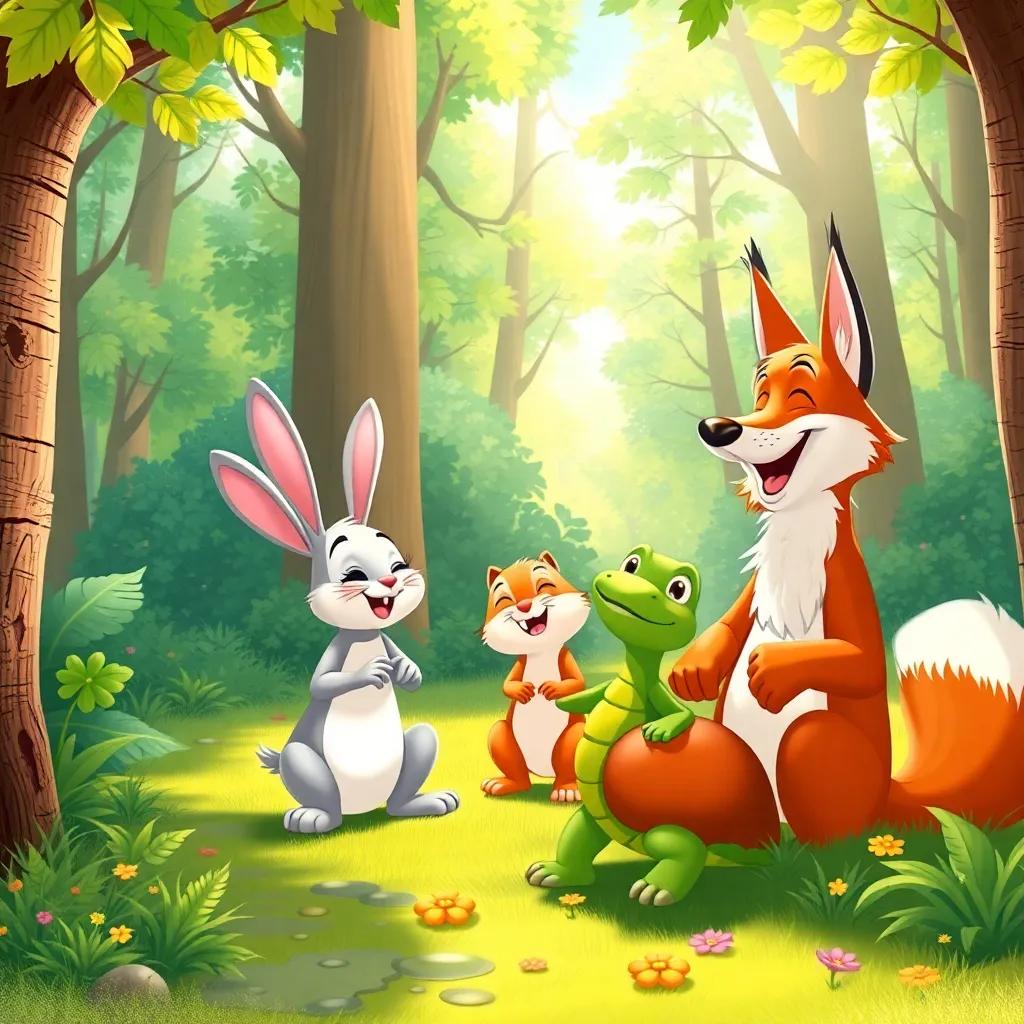 Benny the rabbit, Lucy the squirrel, Timmy the turtle, and Mr. Fox playing together in a sunny forest, laughter and music filling the air, colorful and light, friendly atmosphere, illustration, warm and inviting