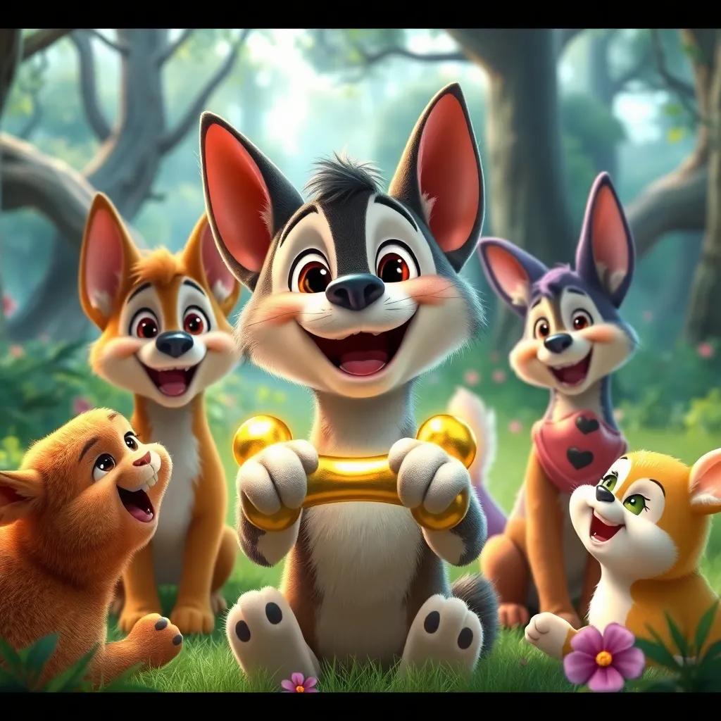 Benny smiling brightly with the shiny bone in his paws, surrounded by his friends, everyone laughing and playing, beautiful forest background with trees and flowers, joyful expression, delightful scene